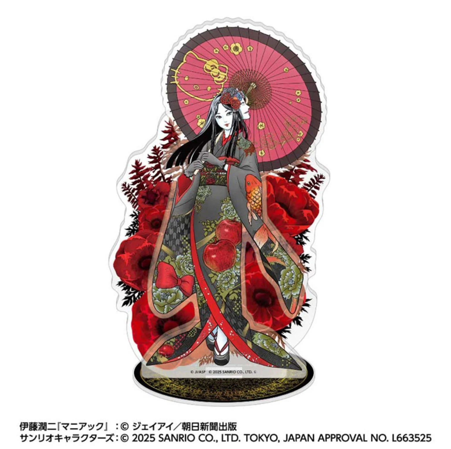 Acrylic stand depicting Tomie in a patterned kimono holding a traditional Japanese umbrella, surrounded by red floral motifs on a black base.