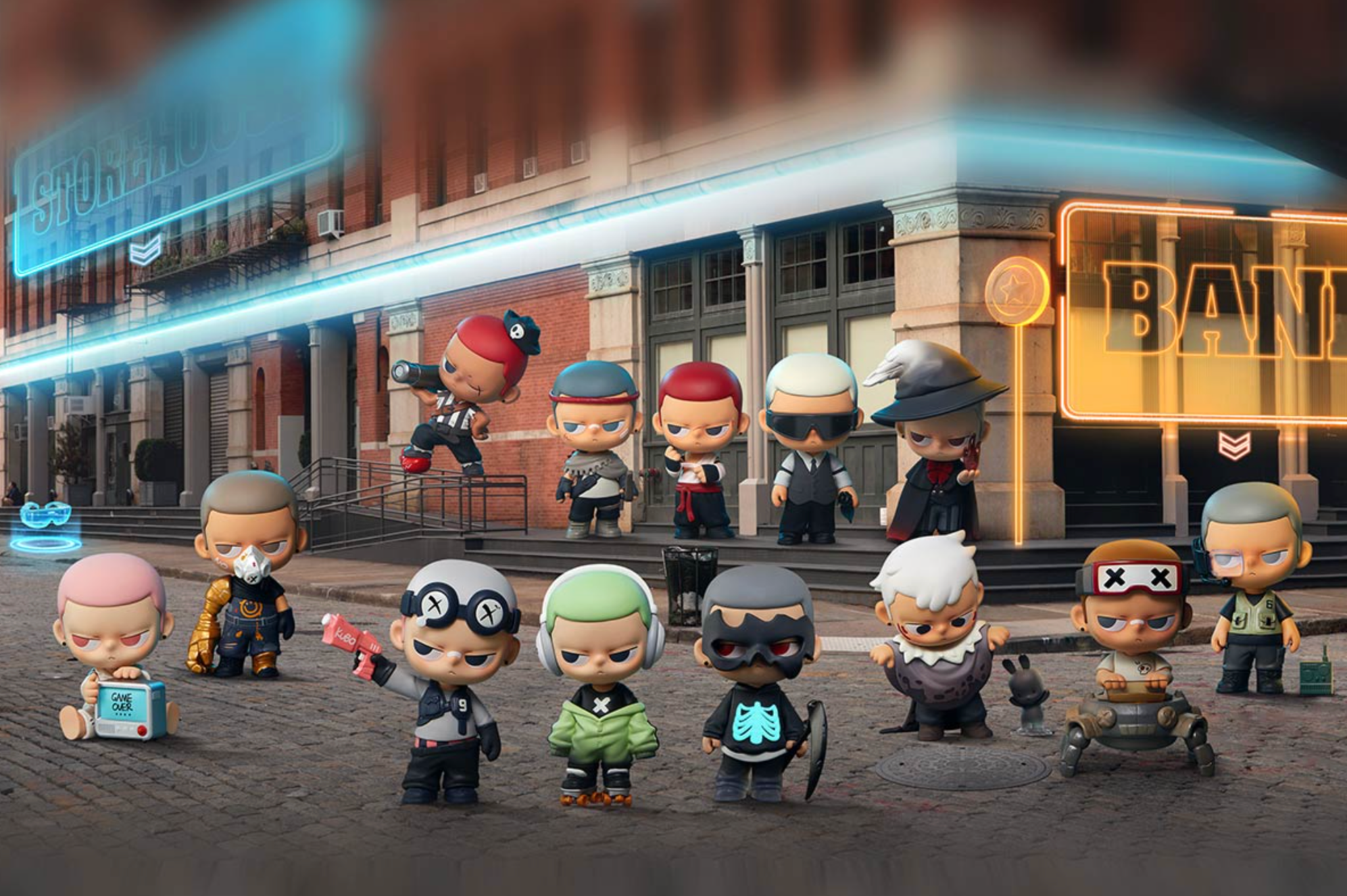 Kubo “Select Your Character” key art: the full crew assembles on a neon-lit city street, from armored fighters to techy misfits.