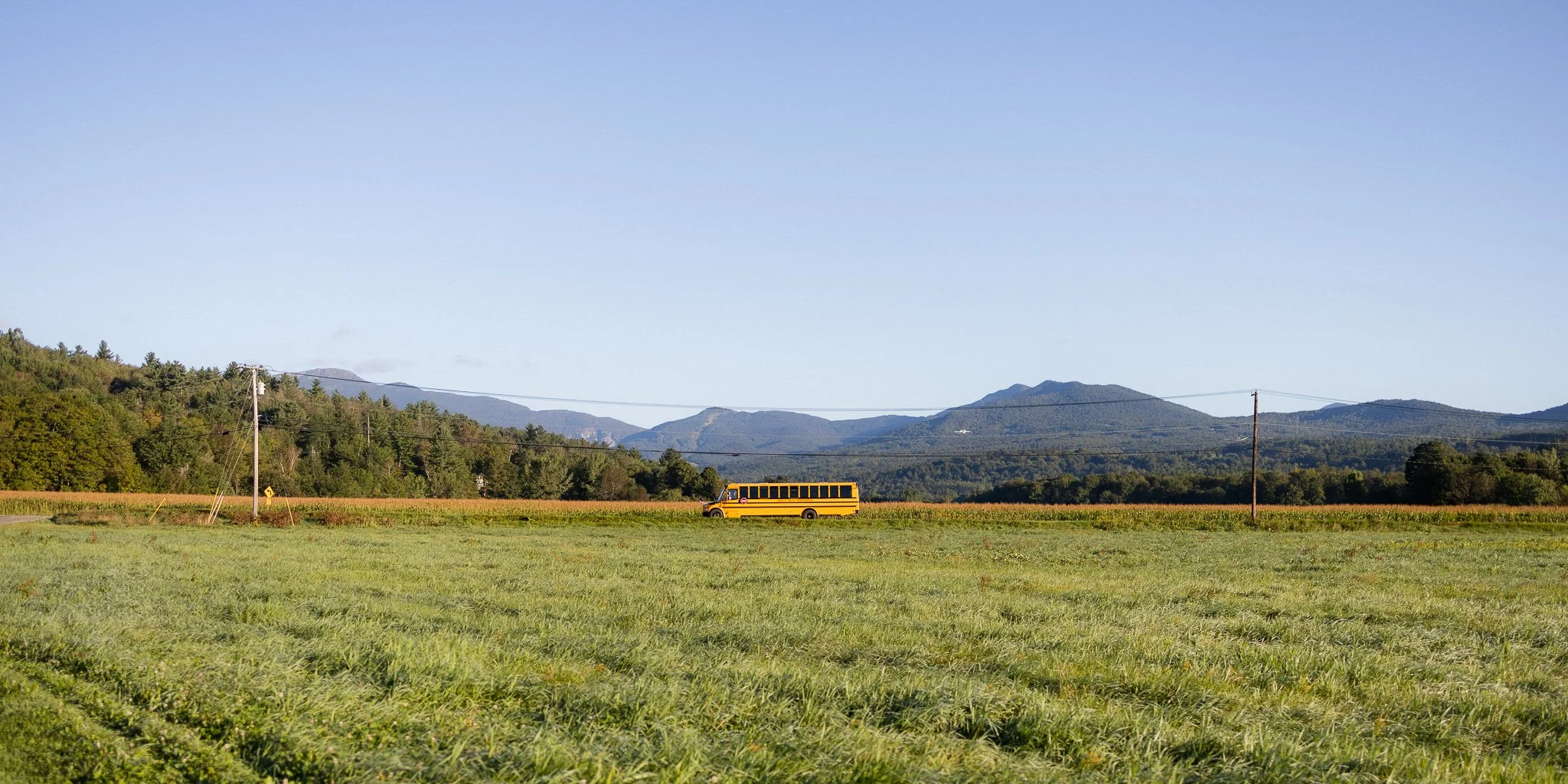 A yellow school bus traveling on a rural road through a green field with distant mountains in the background under a clear blue sky.
