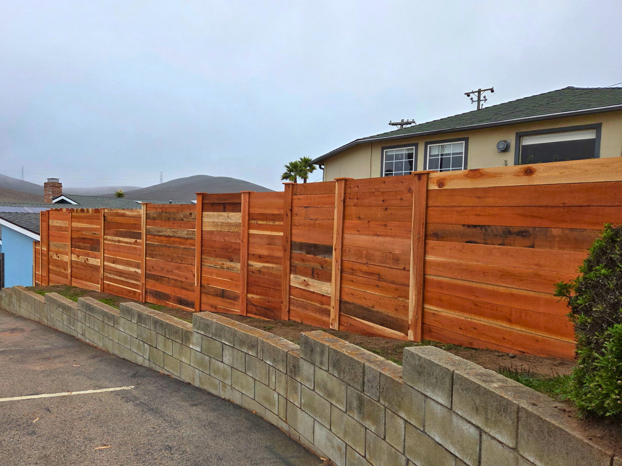 Horizontal Redwood Privacy Fence on Steel Posts  - Morro Bay