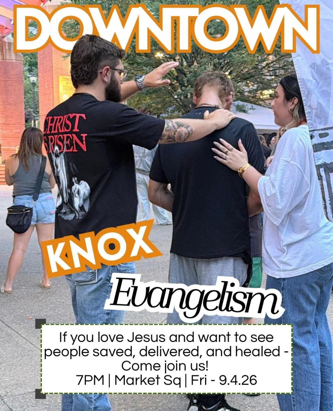 This Friday, we&rsquo;re hitting Market Square for Open Evangelism! Whether you&rsquo;ve stepped out in faith dozens of times or you&rsquo;ve never prayed for a stranger in public before, you belong here. Come learn, lock arms with community, and wat
