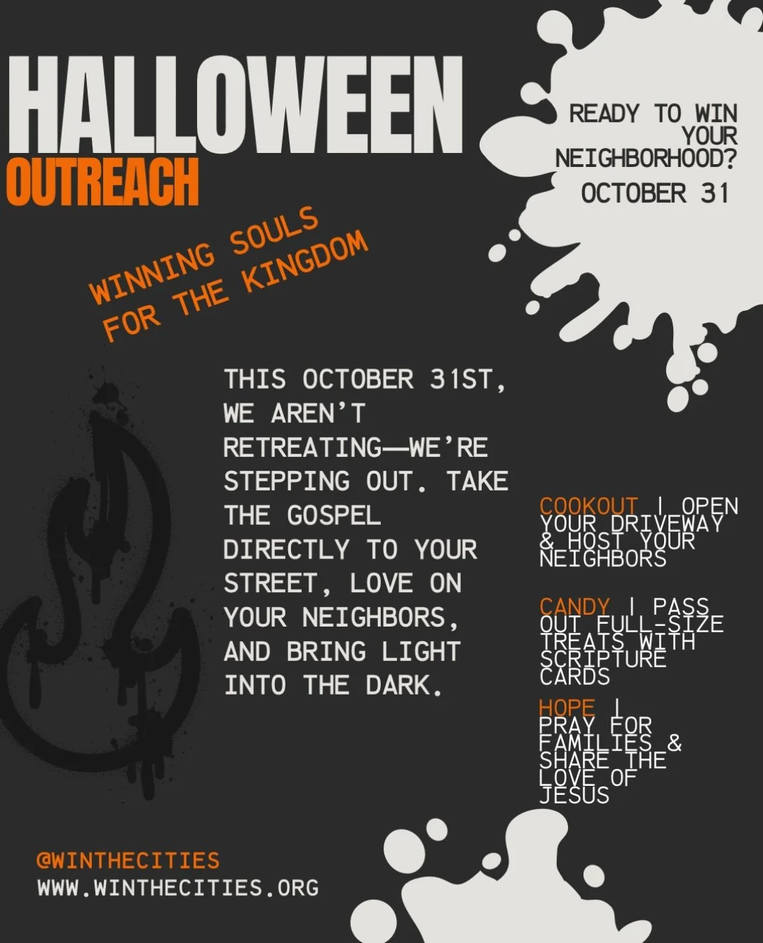 We aren&rsquo;t shrinking back on Halloween&mdash;we&rsquo;re taking the Gospel block by block to win this city for the Kingdom. 🎃🔥
October 31st is one of the rare nights of the year when your entire neighborhood literally walks right up to your fr