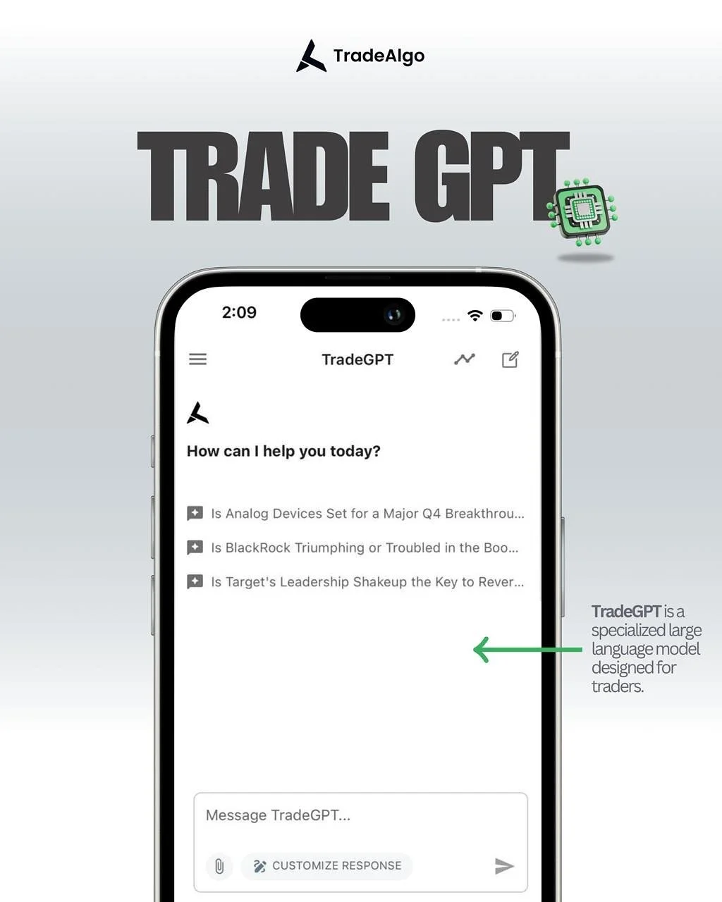 TradeGPT by TradeAlgo is your AI-powered market assistant &mdash; built to help traders make smarter, faster decisions. It scans 8,000+ stocks, options, ETFs, and dark pool trades in real time to spot where the smart money is moving. 💡 Using advance