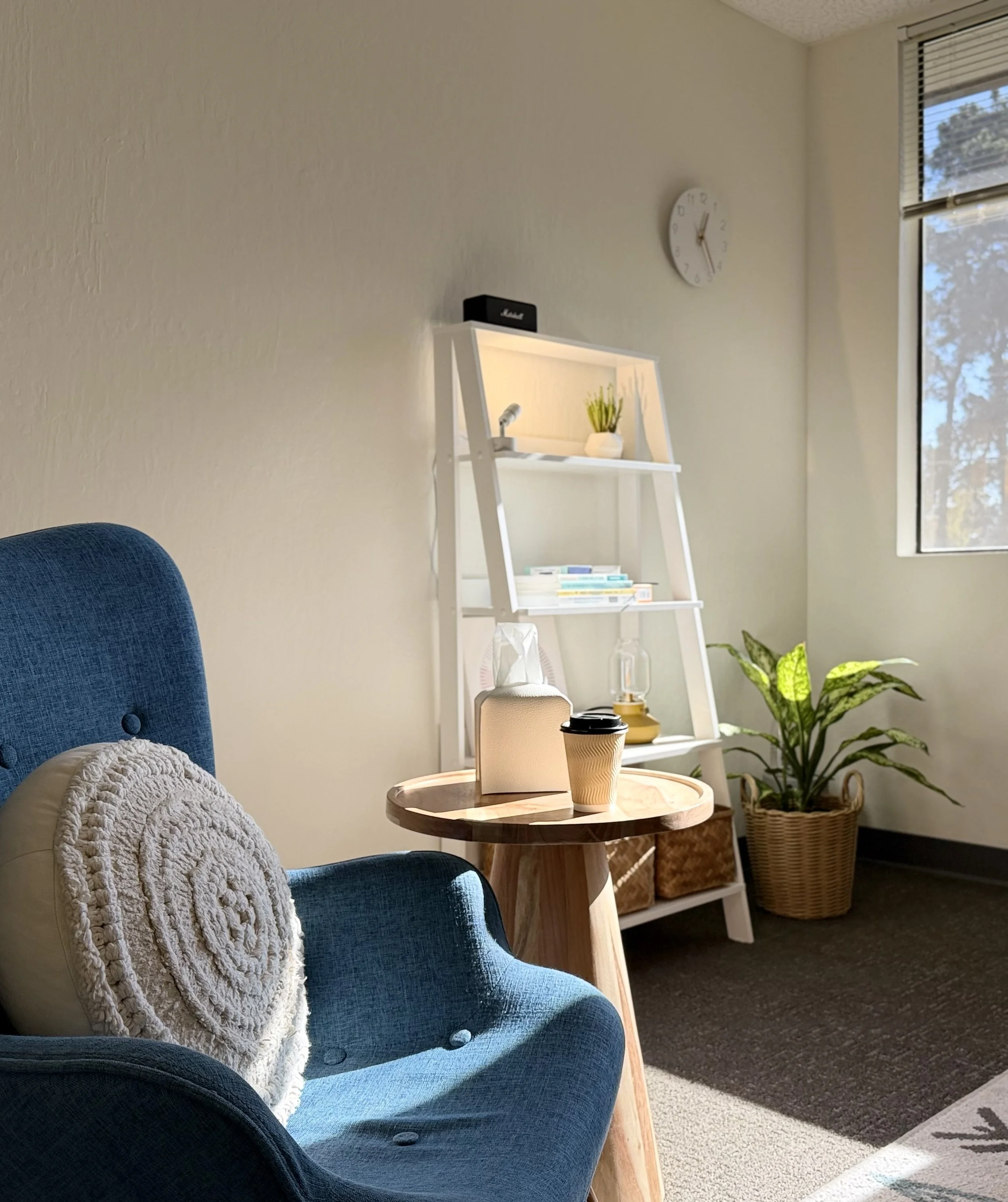 Modern therapy office space used for adult and teen counseling