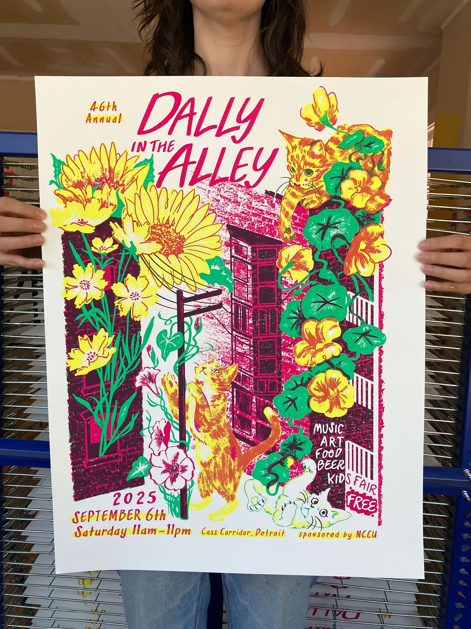 An example of our publishing work, a festival poster we designed and screen printed for Dally in the Alley