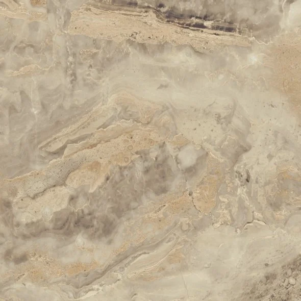 Close-up of a marble or stone surface with beige, gray, and light brown swirls and patterns.