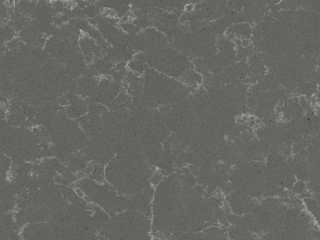 Close-up of a gray marble countertop with white veining.