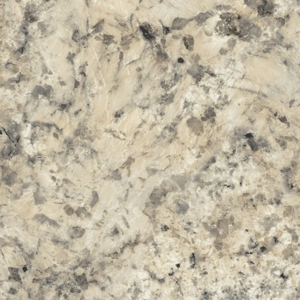 A close-up of a speckled granite countertop with various beige, gray, and black mineral patterns.
