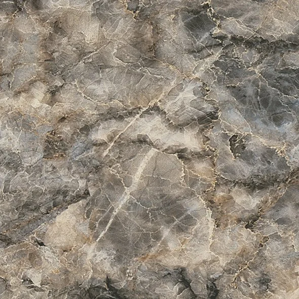 Close-up of a marble surface with gray, beige, and brown veining.