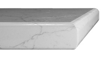 Close-up of a white marble countertop corner with gray veining.