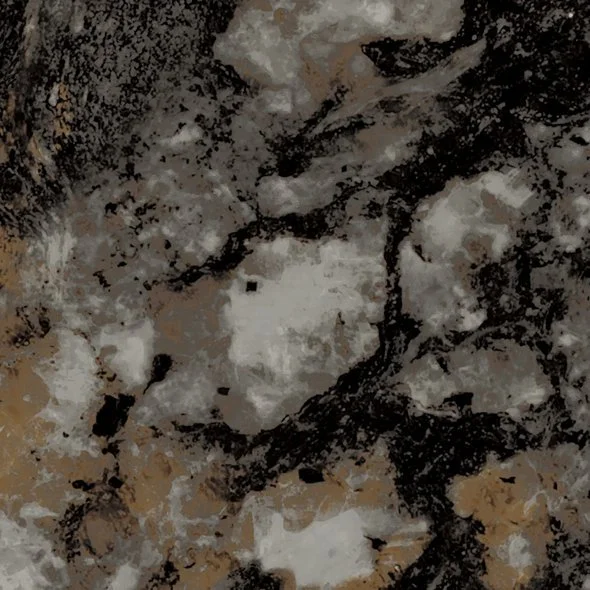 Close-up of a speckled granite countertop with black, white, and beige colors.