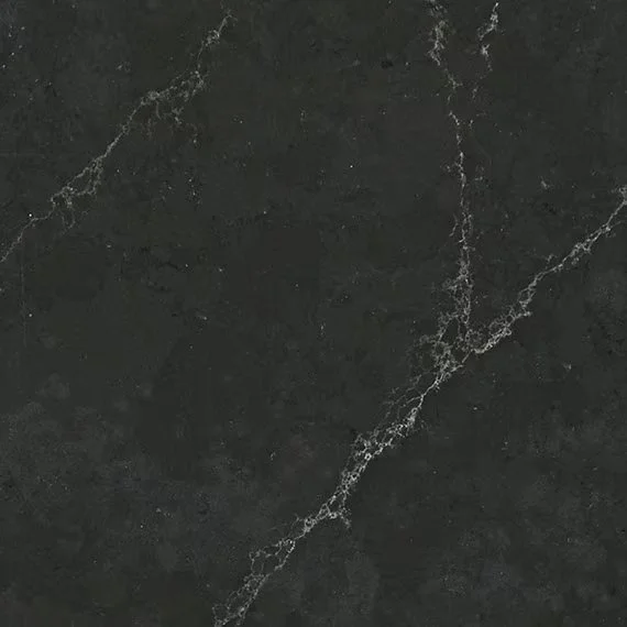 Close-up of a dark gray to black marble surface with white veining.
