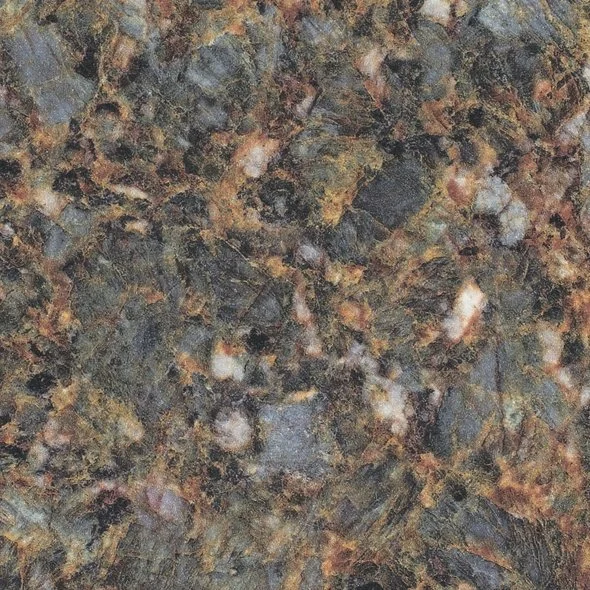Close-up of a granite countertop with dark, brown, and gray speckled pattern.