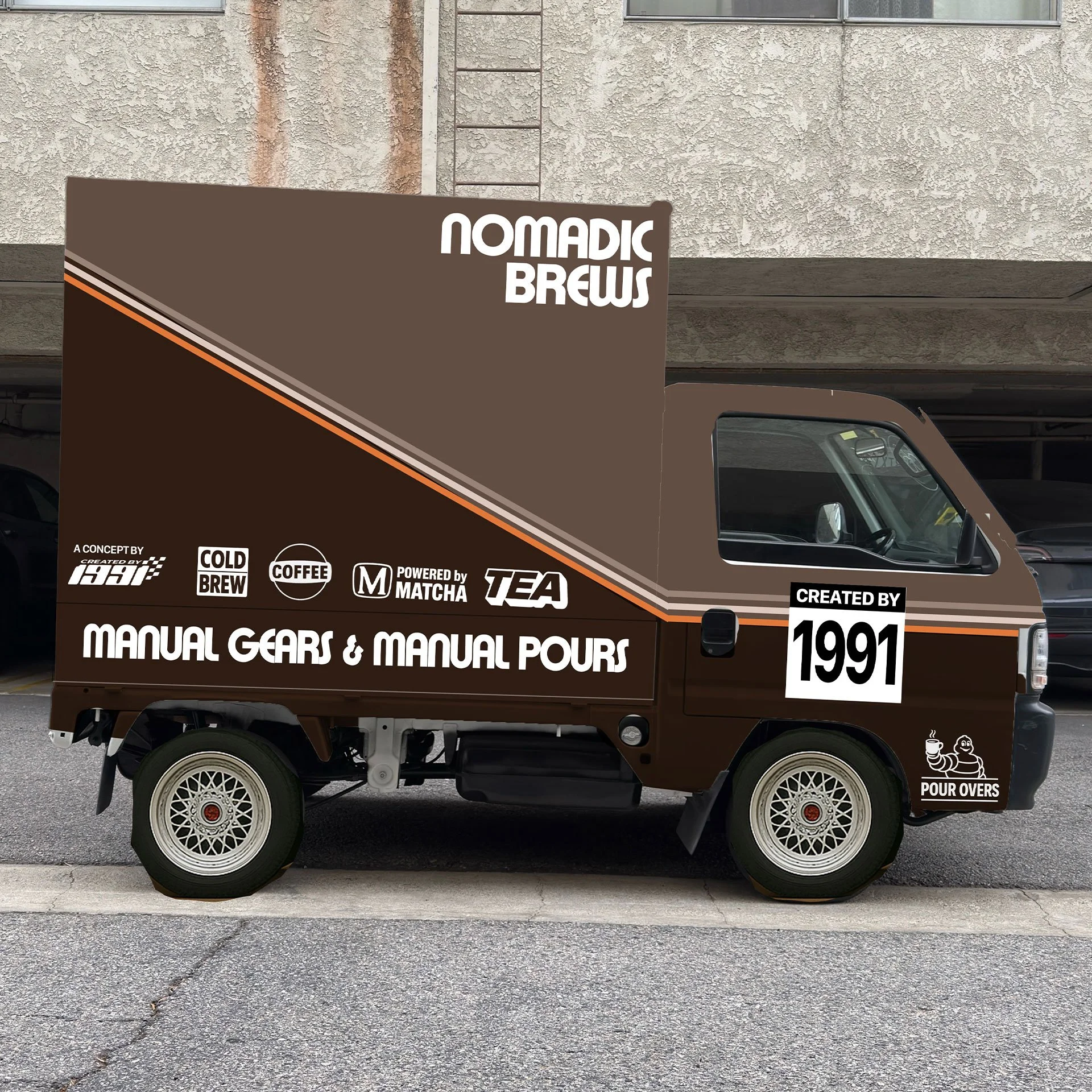 One of the first visualizations of Nomadic Brews after the cargo box was completed. This phase focused on refining the brand, graphics, and overall direction before the final wrap was produced.