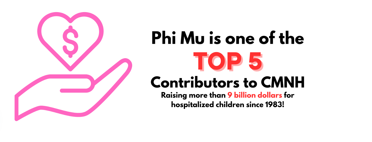 An illustration of a hand holding a heart with a dollar sign, next to text stating Phi Mu is a top 5 contributor to CMNH, raising over 9 billion dollars for hospitalized children since 1983.
