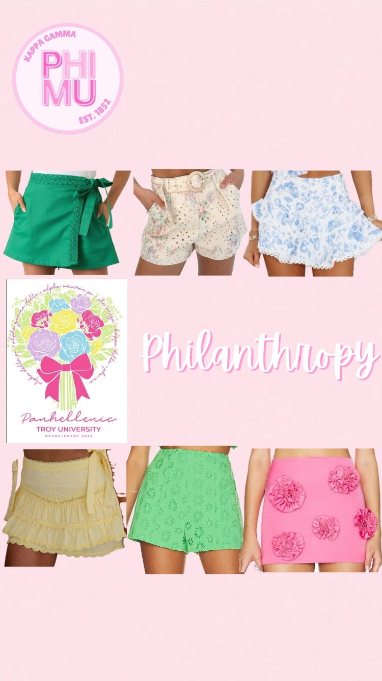Collage of colorful shorts and skirts with Phi Mu sorority logo and "Panhellenic Troy University Recruitment 2025" poster on pink background.