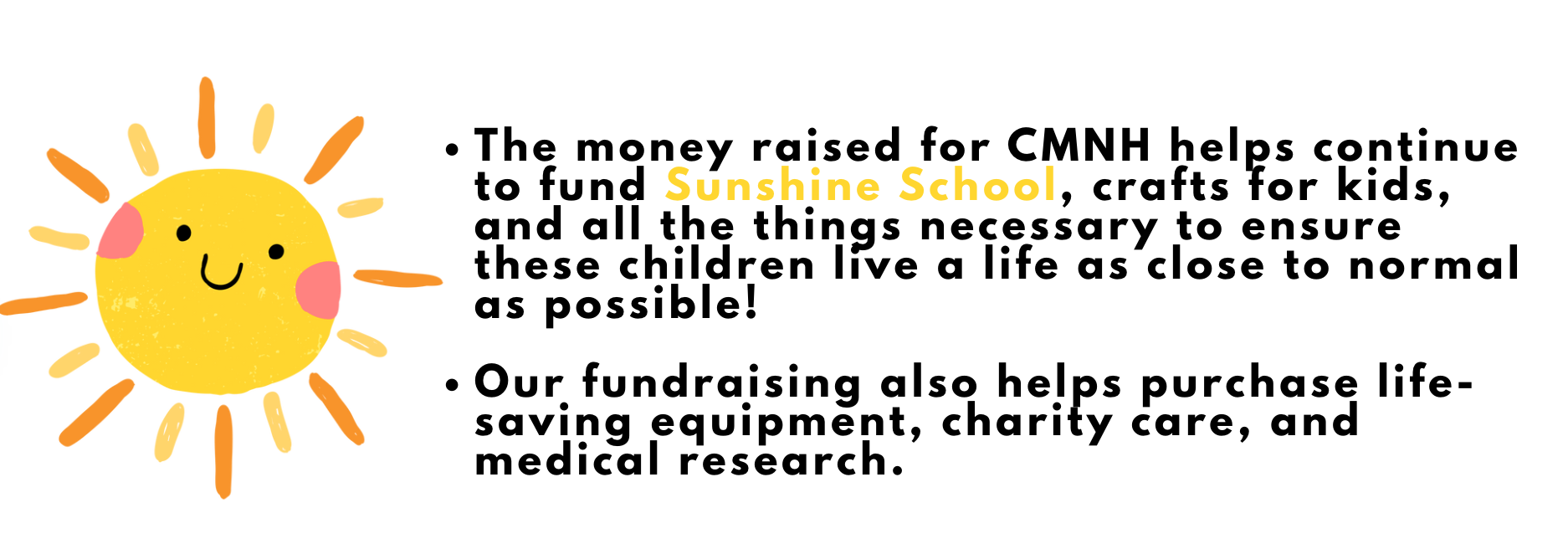 Illustration of a smiling sun with text about fundraising for CMNH, Sunshine School, crafts, life-saving equipment, charity care, and medical research.