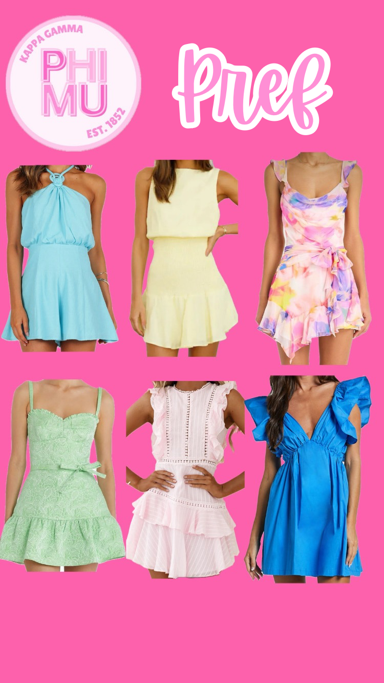 Six women in different colorful dresses on a pink background with "Phi Mu Pref" text.