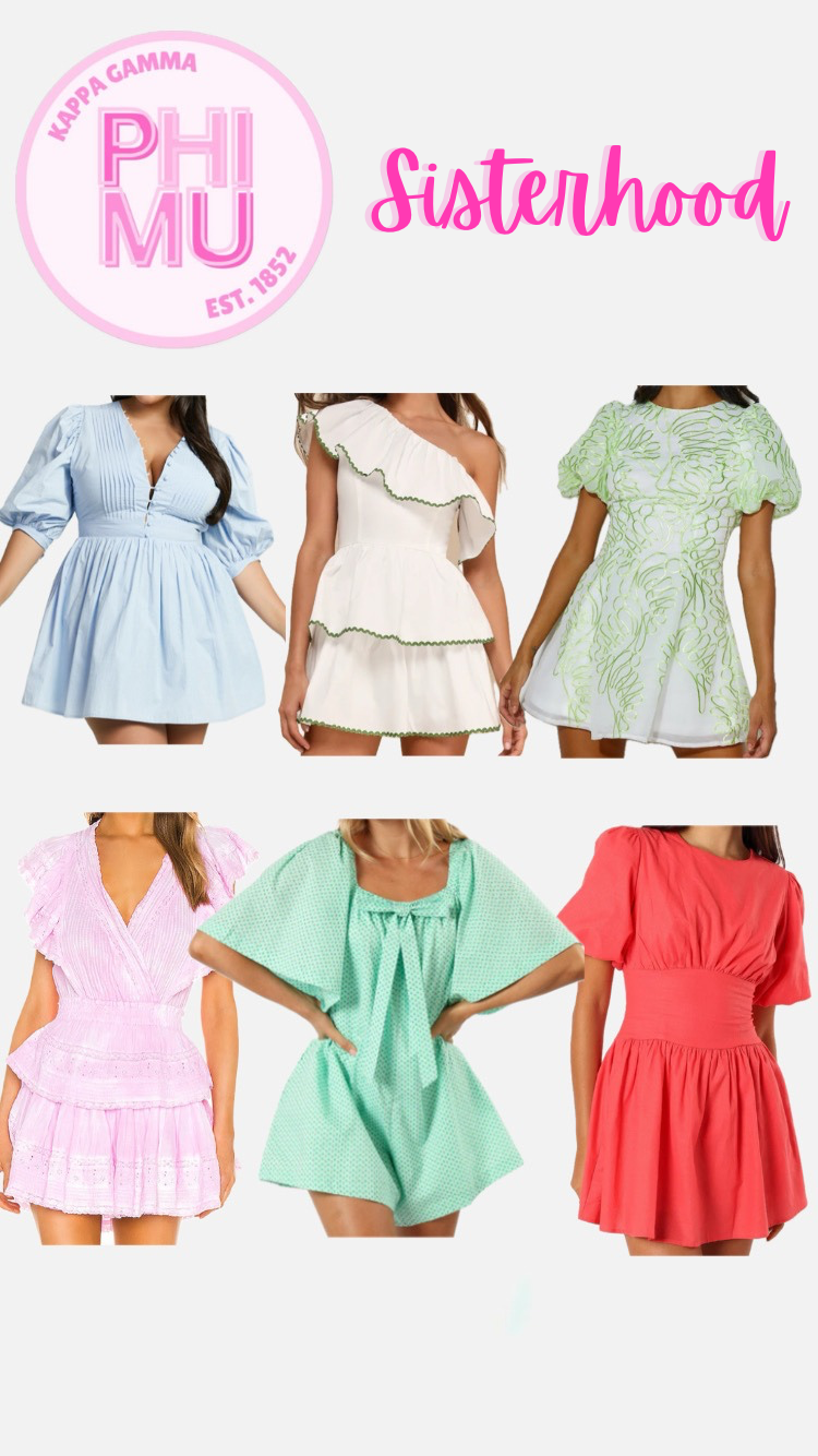 Collage featuring six different dresses in pastel colors under "Kappa Gamma Phi Mu Sisterhood" text and logo.
