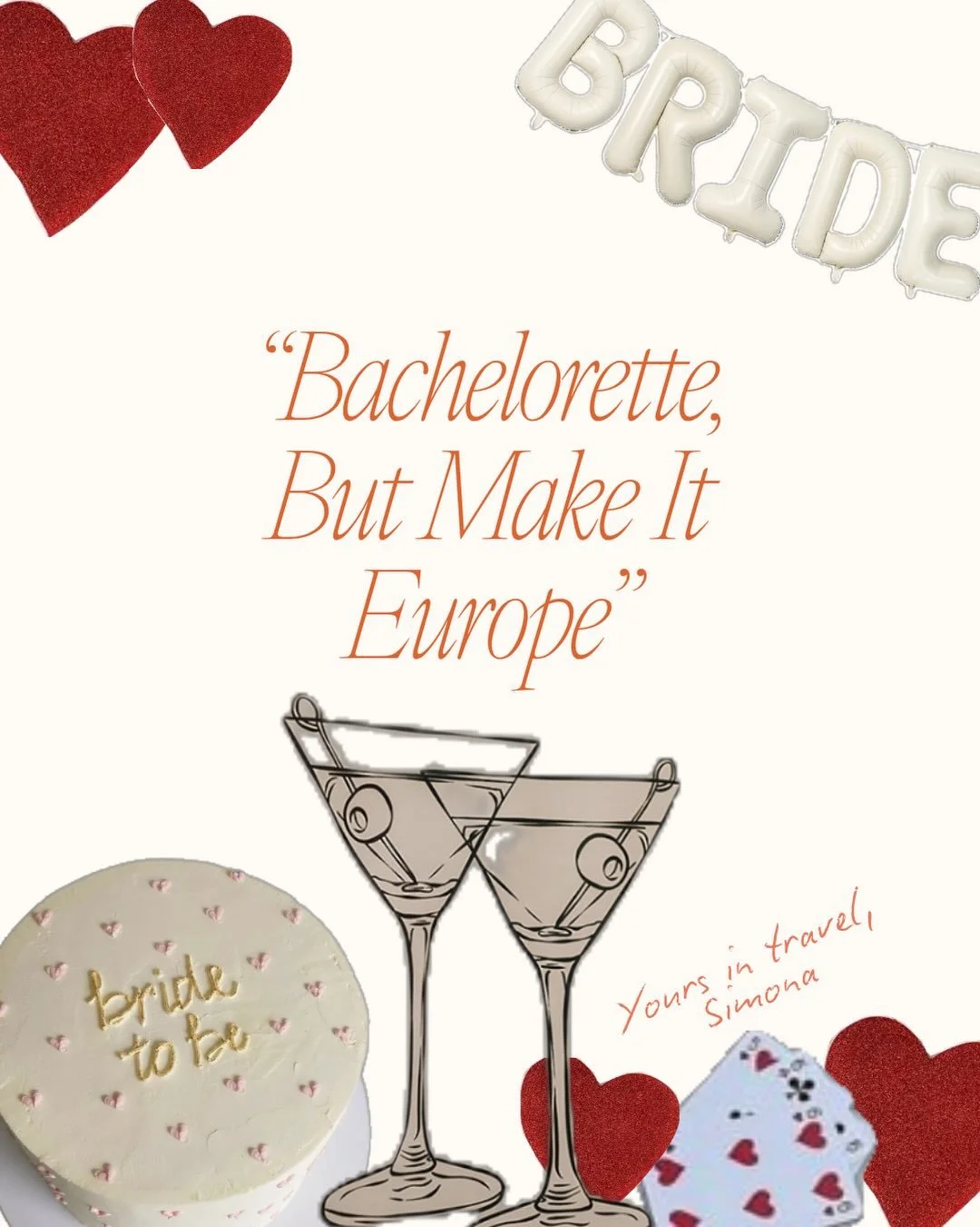 The best bachelorette trips aren&rsquo;t about packed itineraries.

They&rsquo;re about celebrating with your favorite people in a place you&rsquo;ll never forget.

Planning a European bachelorette? My concierge services can help with hotels, villas,