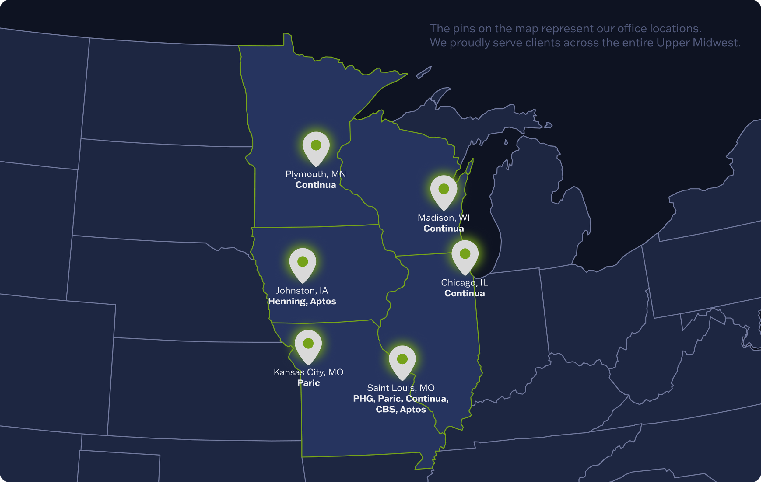 Map of the Upper Midwest showing office locations with pins in Plymouth, MN; Madison, WI; Chicago, IL; Saint Louis, MO; Kansas City, MO; Johnston, IA. The pins are labeled with city names and company branches, including Continua, Aptos, and CBS, Aptos. The map background is dark blue with green state borders, and a text overlay explains the pins represent office locations serving clients across the region.