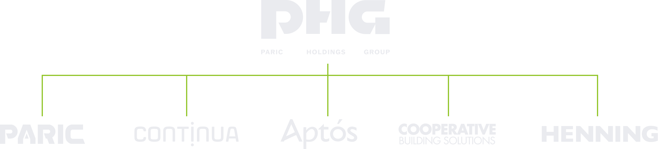 Organizational chart of RFG, a company, showing divisions within Paric, Continúa, Aptós, Cooperative Building Solutions, and Henning.