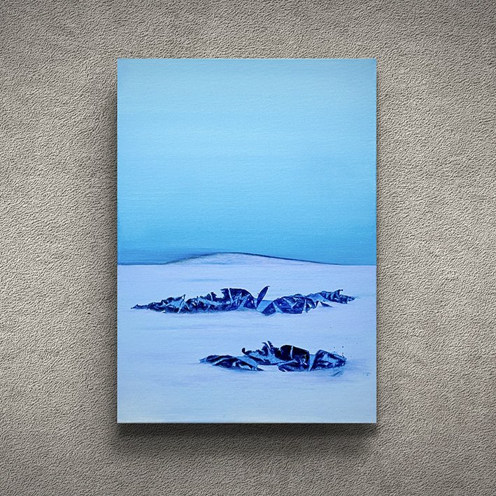 Title: Crash landing in a cold environment. Format: 50x70cm, Acrylic on canvas. Price: Ex. freight and 5% art tax, NOK 5250,-