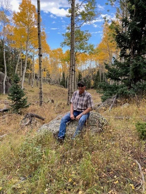 Man in plaid shirt and jeans sitting on a large fallen tree in a forest with yellow and green trees and a partly cloudy sky.
