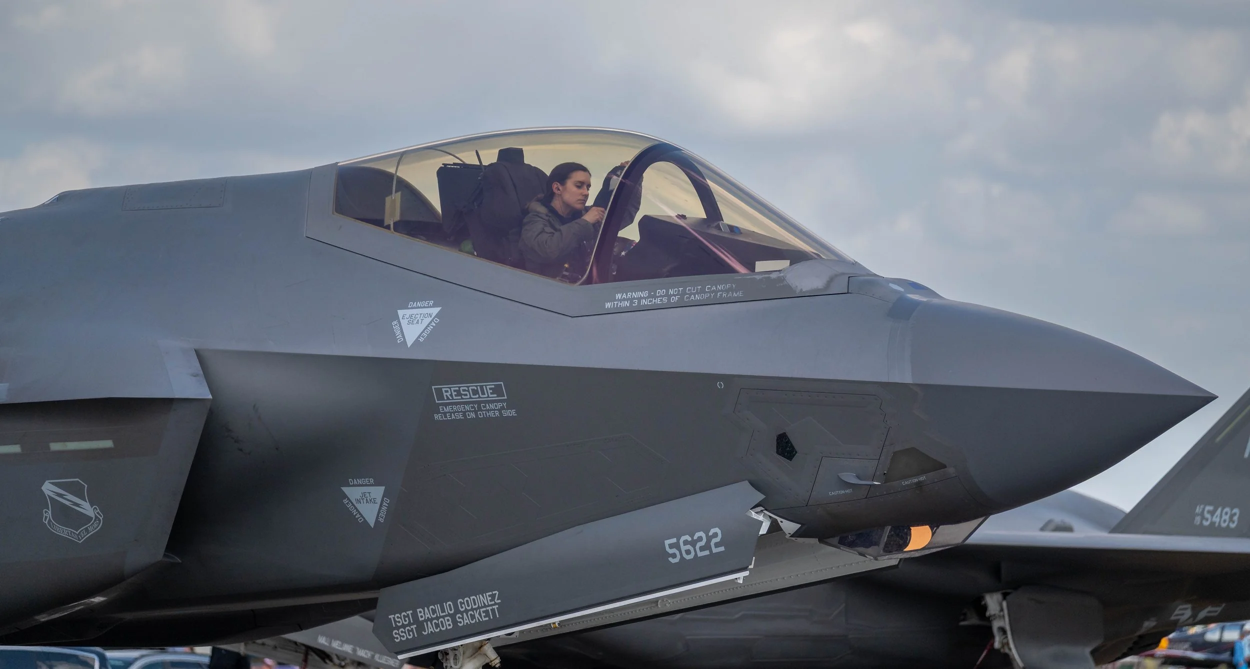 USAF F35A Lightning 2 display team pilot Major Melanie Kluesner, from the 388th Fighter Wing, Hill Air Force Base, Utah