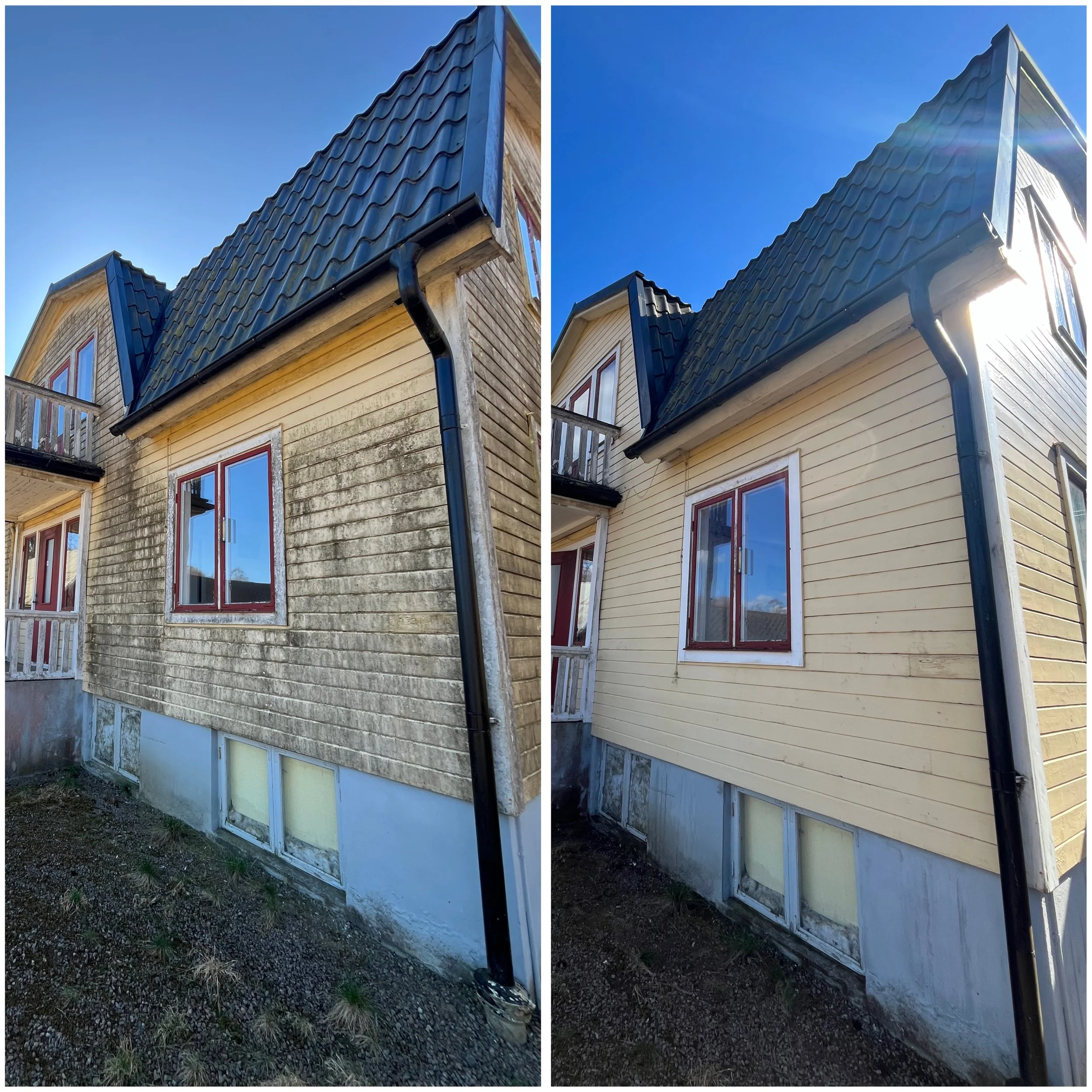 Fasadtvätt utförd i Halmstad av Nordiskt Rent AB – smutsig fasad rengjord och återställd till ren yta