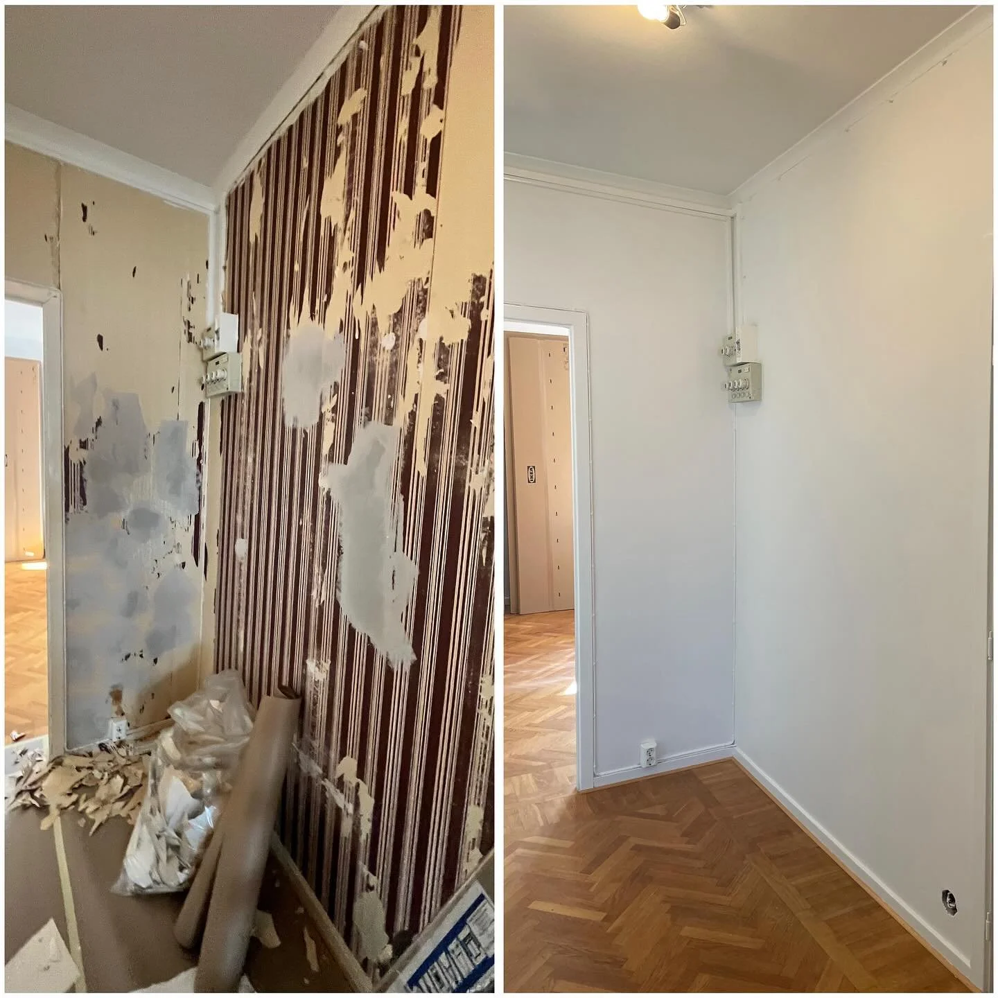 D&aring; &auml;r vi klara med renoveringen av denna hall! Vi har rivit tapet, spacklat, slipat och m&aring;lat. En rej&auml;l uppfr&auml;schning 😊🙌☀️