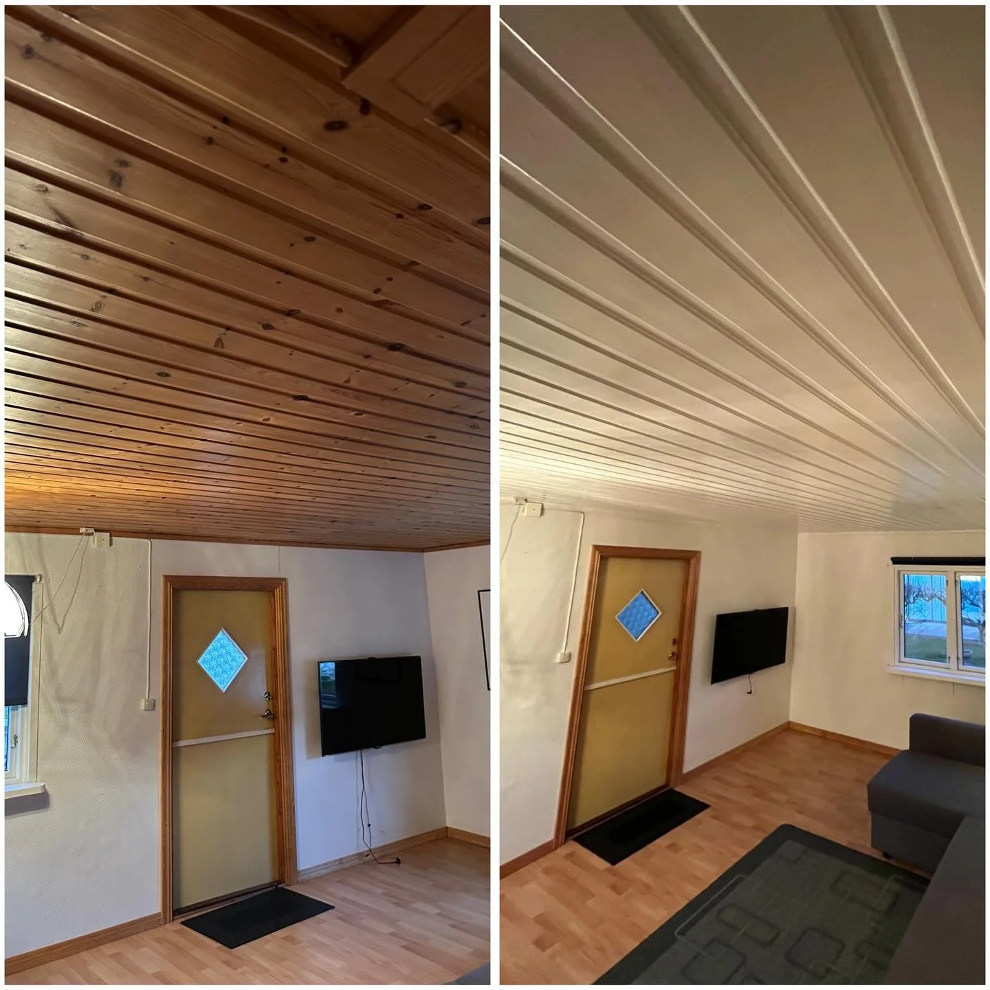 D&aring; &auml;r vi klara med att grunda, t&auml;cka kvister, foga och f&auml;rdig-m&aring;la denna mysiga stuga. Nu kan man n&auml;st intill spegla sig i taket 😁😊