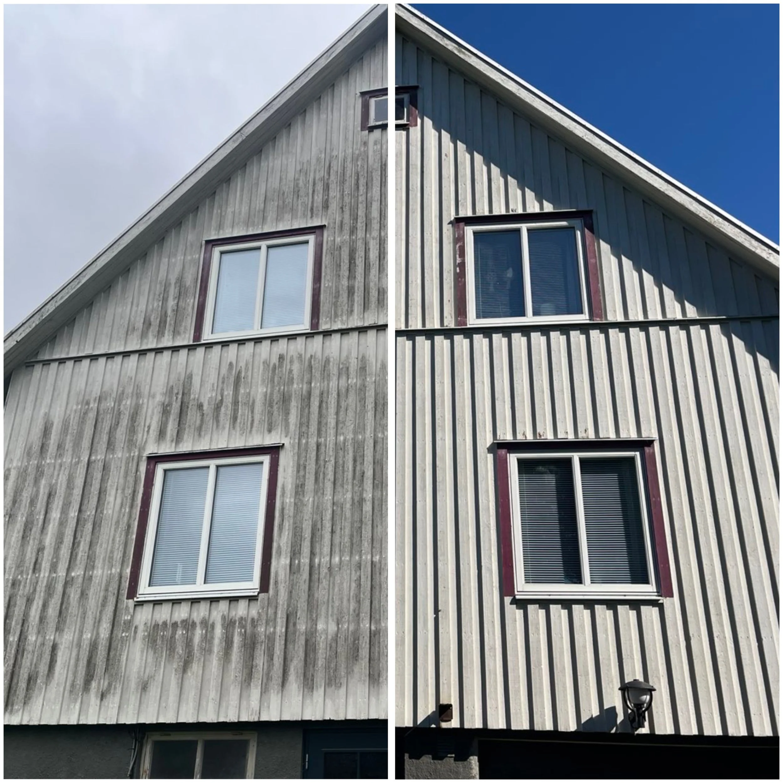 Fasadtvätt utförd i Halmstad av Nordiskt Rent AB – smutsig fasad rengjord och återställd till ren yta