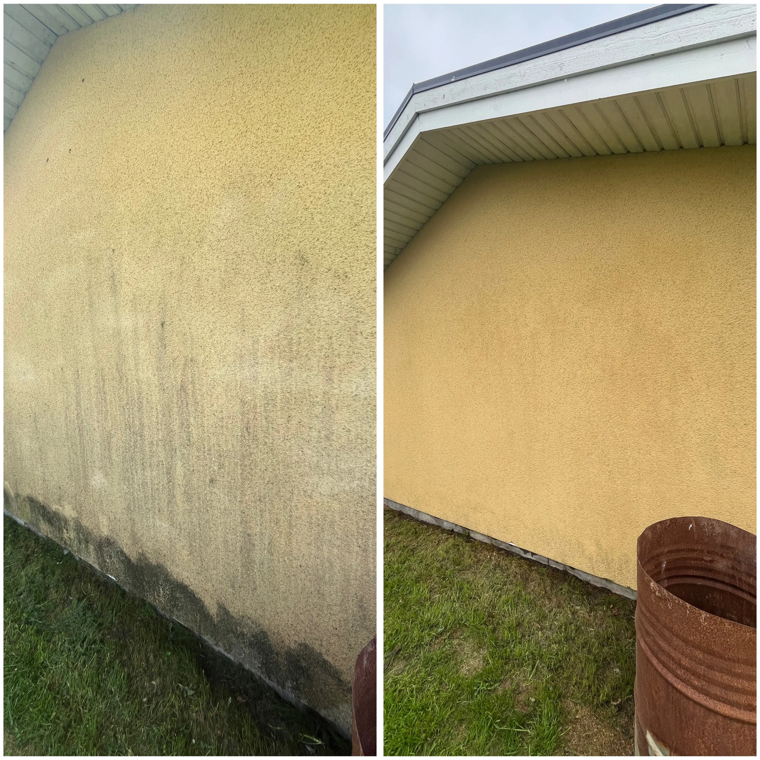 Fasadtvätt utförd i Halmstad av Nordiskt Rent AB – smutsig fasad rengjord och återställd till ren yta