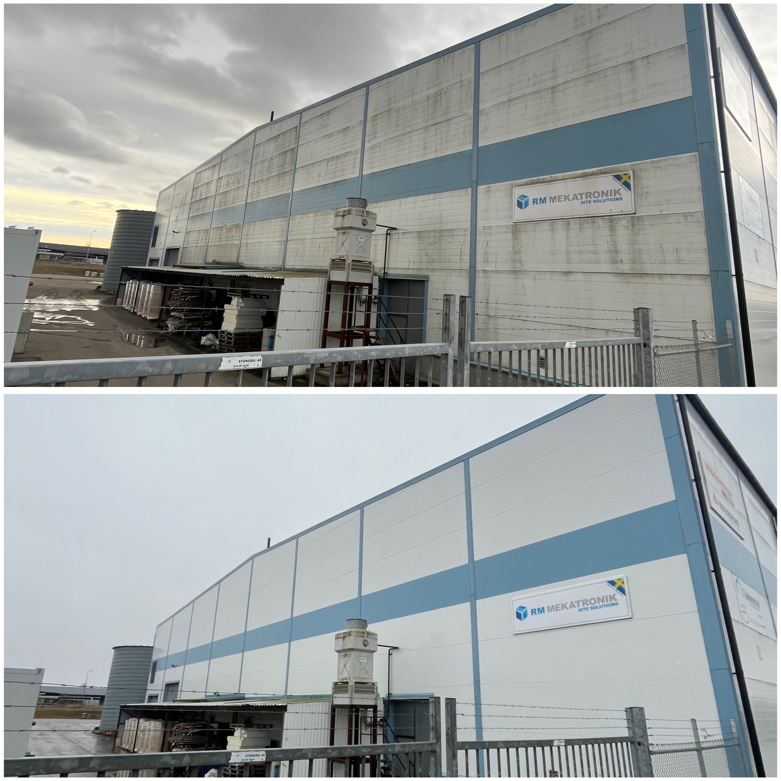 Fasadtvätt av plåtfasad på en företagslokal utfört av Nordiskt Rent AB