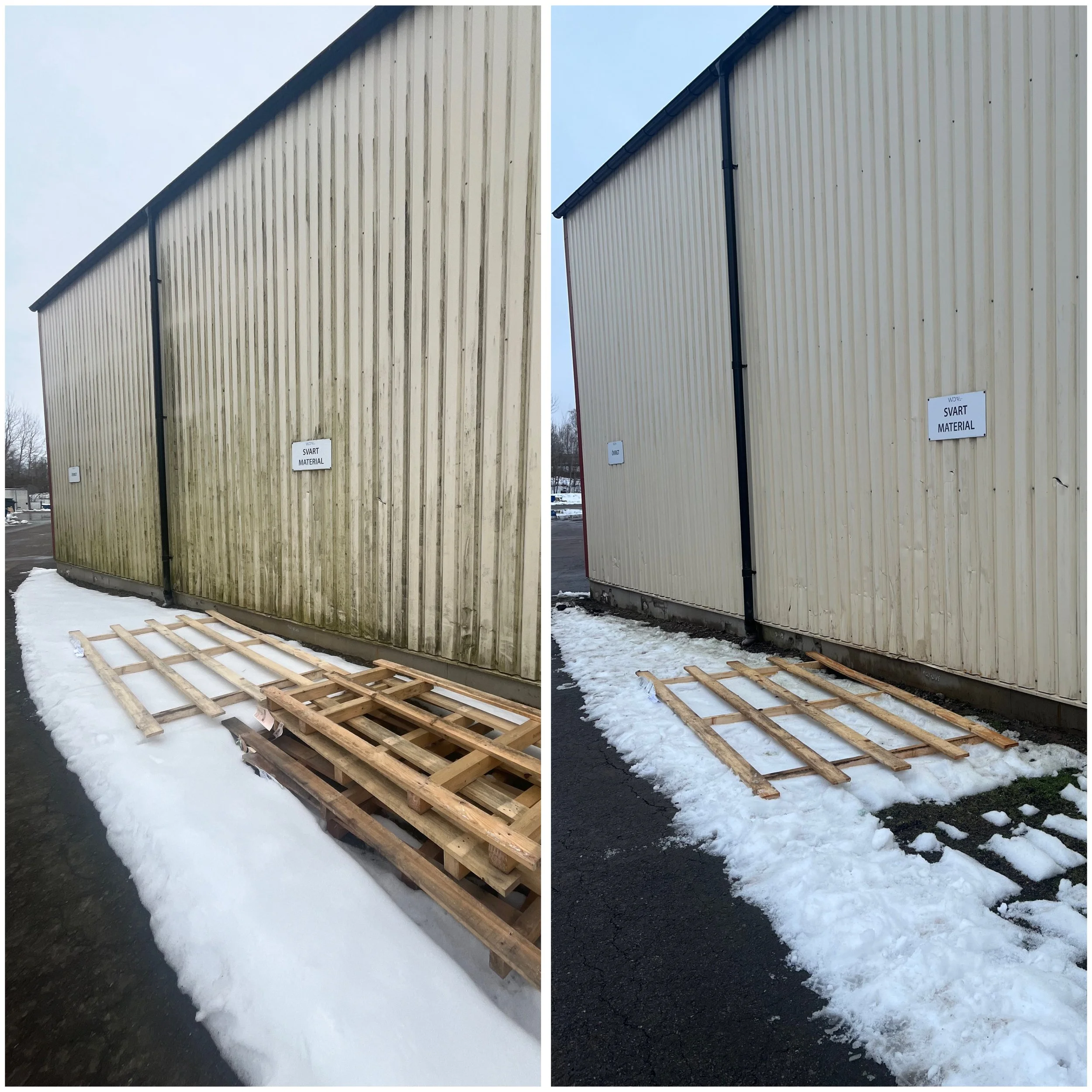 Fasadtvätt av plåtfasad på en företagslokal utfört av Nordiskt Rent AB