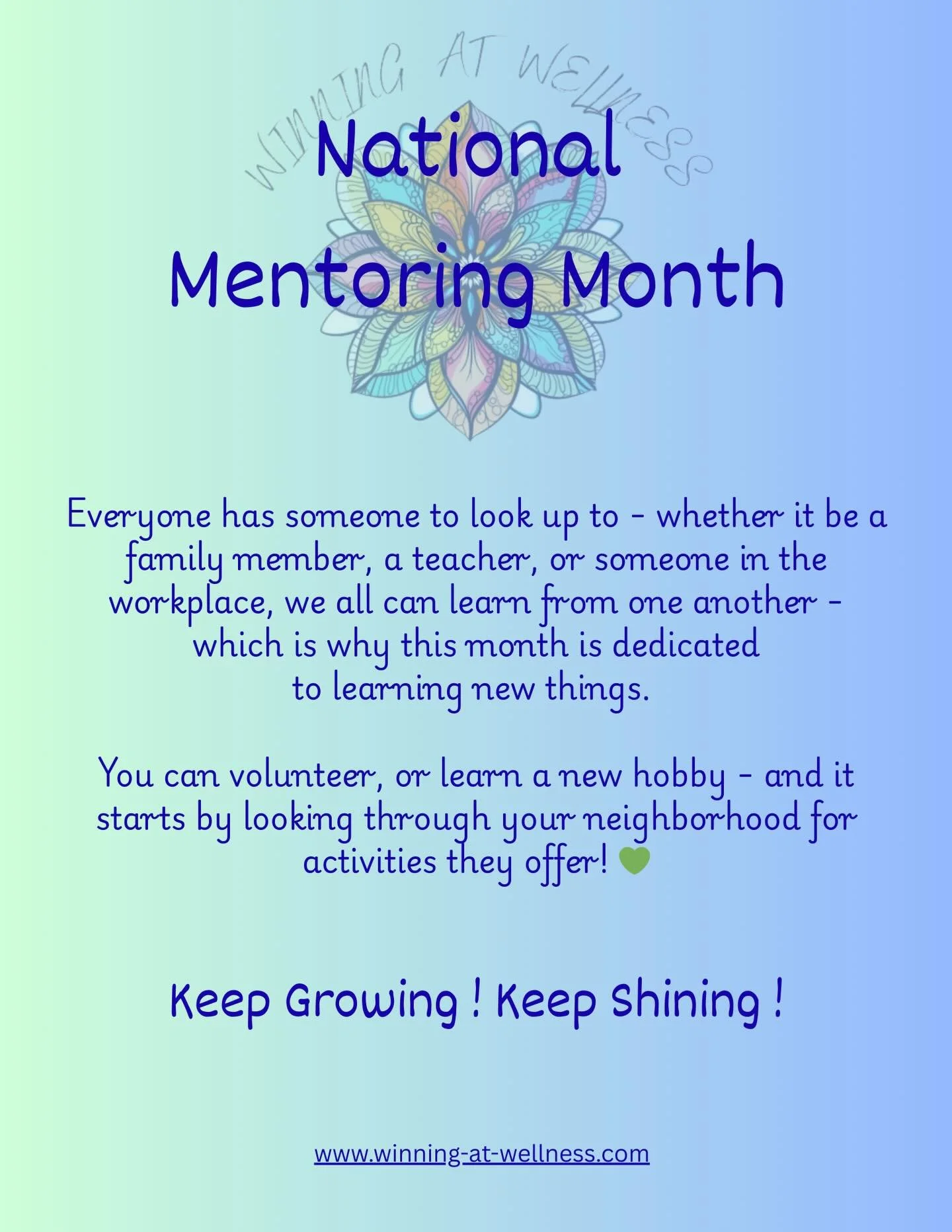 At Winning at Wellness, we believe growth happens in community 💚
Mentorship reminds us we&rsquo;re all teachers &amp; students.
#NationalMentoringMonth #WellnessIsCommunity #WinningAtWellness #HealingTogether