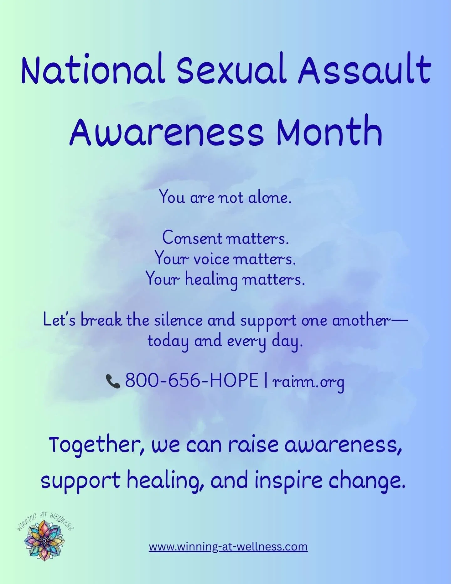 Sexual Assault Awareness Month 

Sexual violence can happen to anyone&mdash;regardless of age, gender, or background.
This month, we stand with survivors, raise awareness, and commit to safer communities.

How you can help:
✔ Educate yourself &amp; o