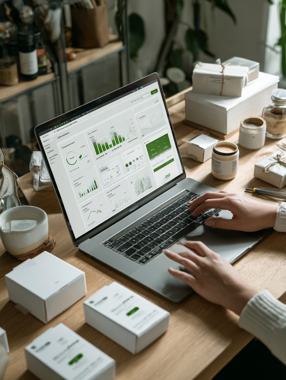 Person working on a laptop displaying green data charts, surrounded by boxes, jars, and packaging on a wooden desk.