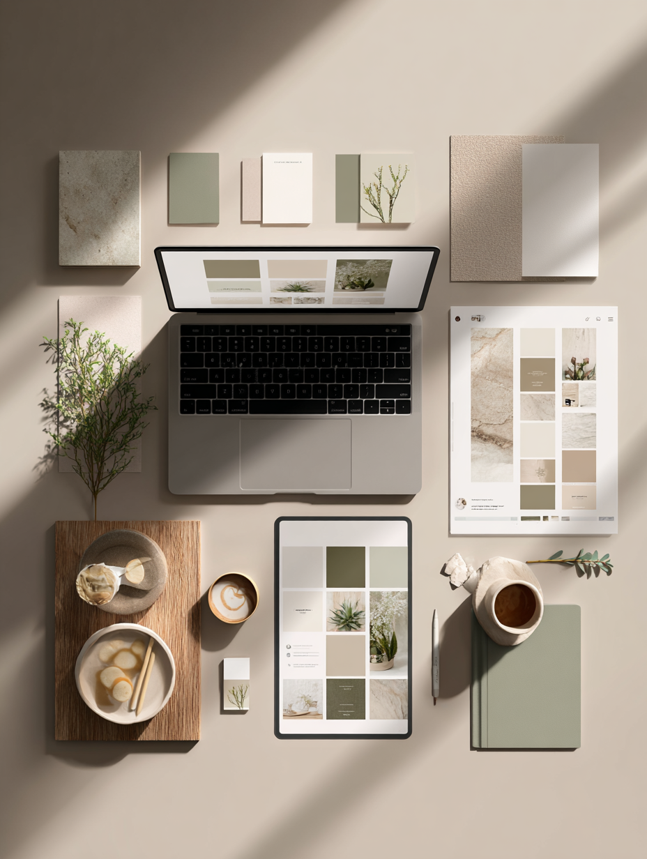 A workspace with a laptop, tablet, paper swatches, a notebook, a pen, a cup of coffee, a bowl of snacks, and decorative plants on a light-colored surface, with sunlight casting shadows.