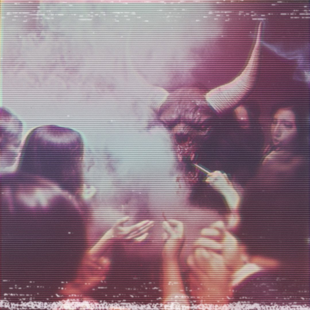Digital art depicting a scene with people and smoke, featuring a figure with large horns. Blurry crowd in foreground, with VHS-style distortion.