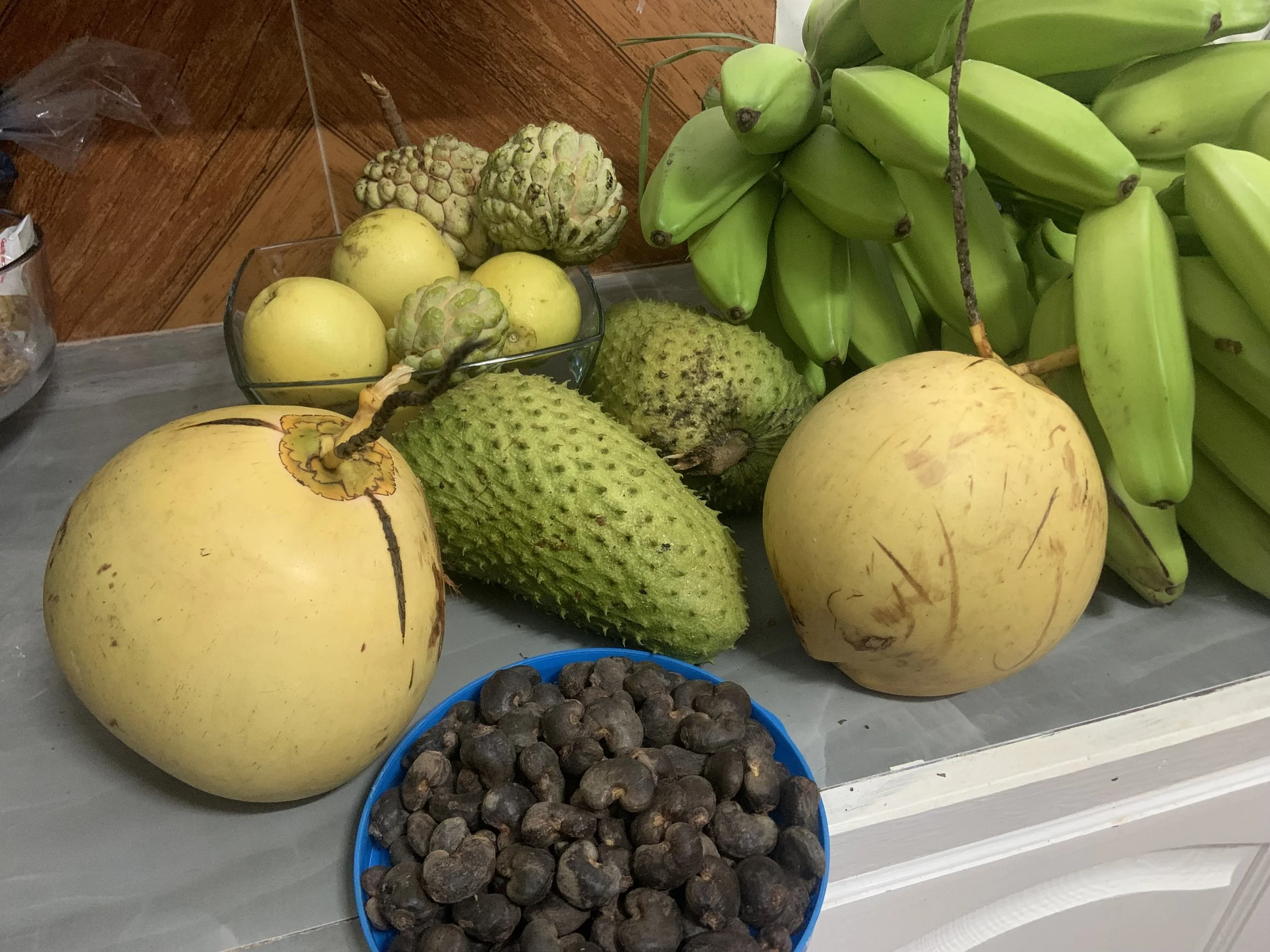 Assorted tropical fruits on a table including star apples, cherimoya, plantains, soursop, and a bowl of dried nuts or seeds.