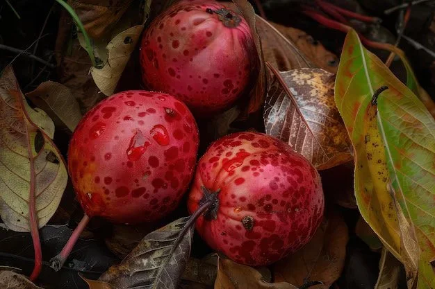 Three red apples with dark spots resting among fallen dry leaves and green foliage.