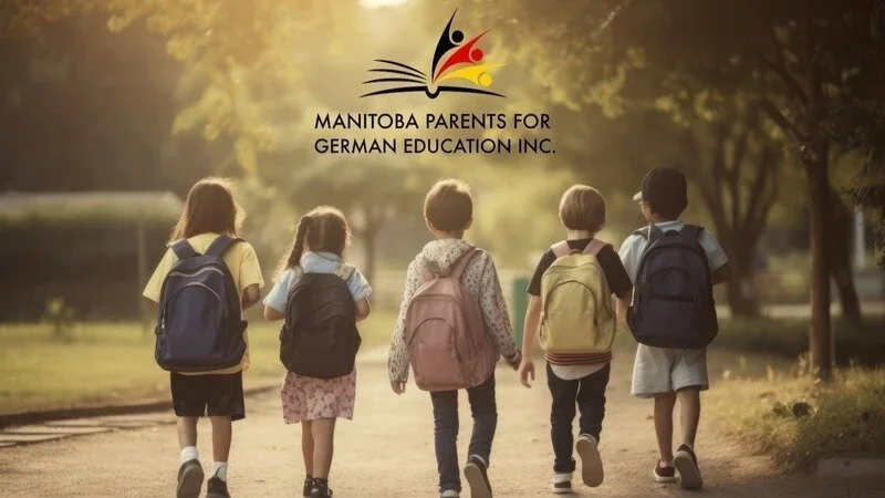 Five children walking on a pathway towards a logo for Manitoba Parents for German Education Inc., with trees and sunlight in the background.