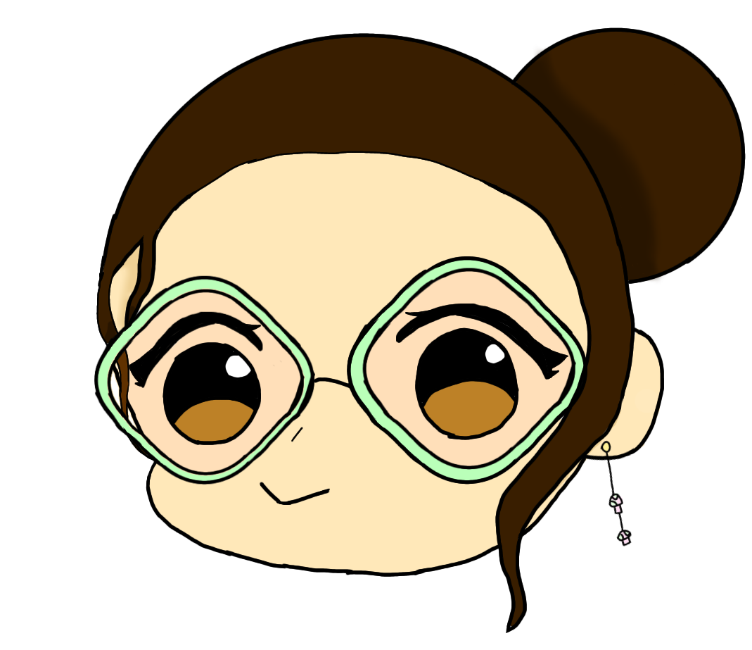 A cutesy, cartoonish drawing of the head of a brunette with feminine facial features, honey brown eyes, and green glasses.
