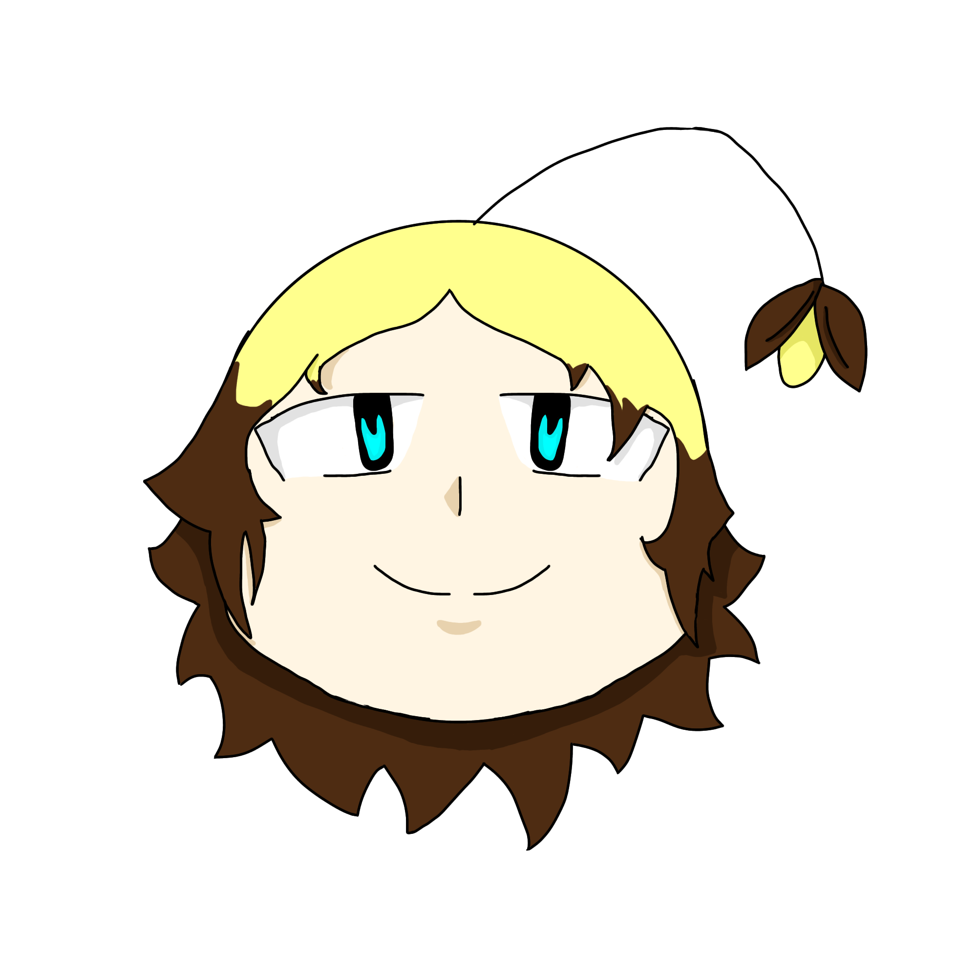 A cutesy, cartoonish head with blonde roots and brunette ends, a little blond and brunette sproutling branching off the hair, and blue eyes.