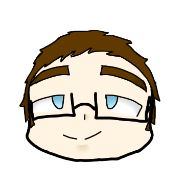 A cutesy, cartoonish drawing of a short-haired brunette's head with blue eyes and boxy black glasses.