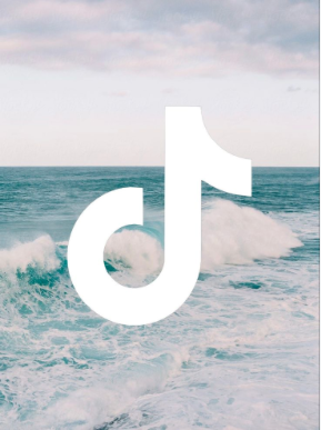 A large TikTok logo on a background of ocean waves under a cloudy sky.