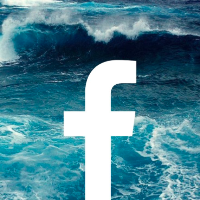Facebook logo with ocean waves in the background