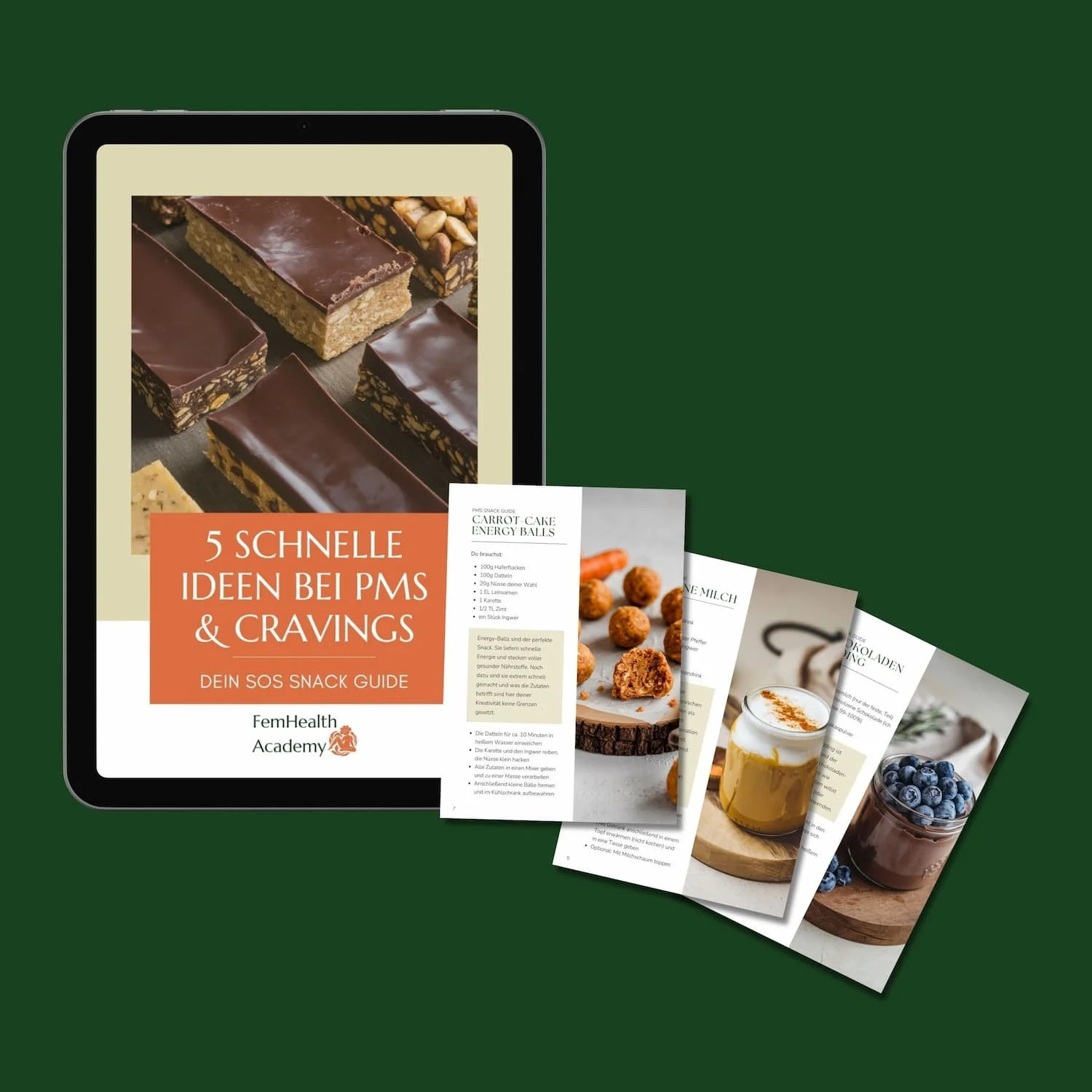 Mock-Up vom PMS Snack Guide - 5 schnelle Rezepte um PMS und Stimmungstiefs vorzubeugen